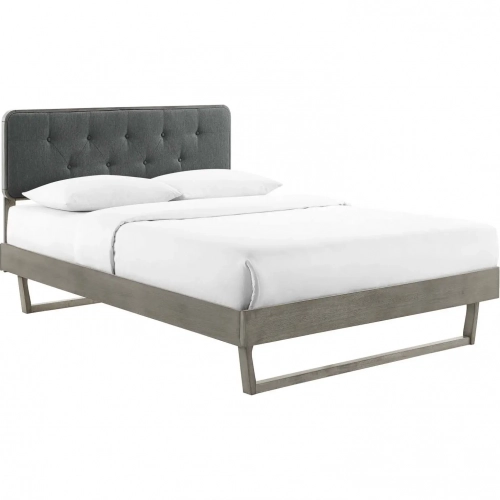 Bridgette King Platform Bed with Angular Frame in Gray & Tufted Charcoal Fabric