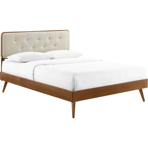 Bridgette Full Platform Bed with Splayed Legs in Walnut & Tufted Beige Fabric