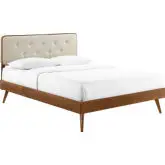 Bridgette Full Platform Bed with Splayed Legs in Walnut & Tufted Beige Fabric