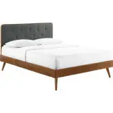 Bridgette Twin Platform Bed with Splayed Legs in Walnut & Tufted Charcoal Fabric