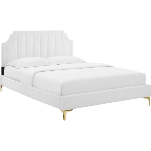 Sienna Queen Platform Bed in Vertical Tufted White Velvet with Gold Metal Legs