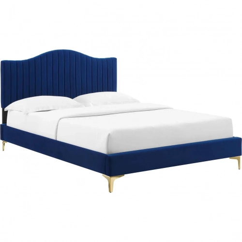 Juniper Full Platform Bed in Channel Tufted Navy Blue Velvet with Gold Metal Legs
