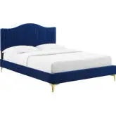 Juniper Full Platform Bed in Channel Tufted Navy Blue Velvet with Gold Metal Legs
