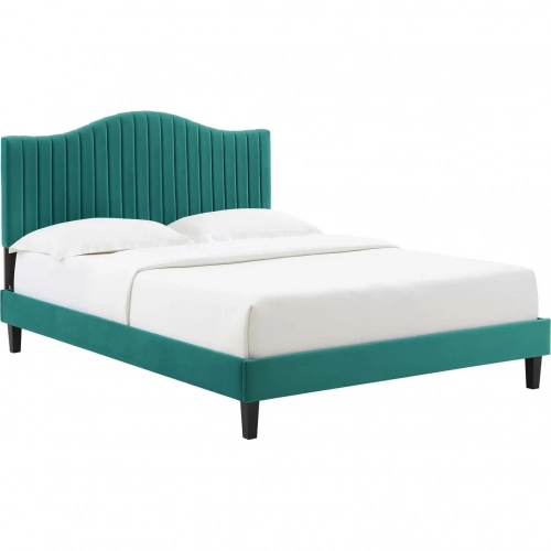 Juniper Full Platform Bed in Channel Tufted Teal Velvet with Black Wood Legs