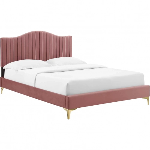 Juniper King Platform Bed in Channel Tufted Rose Velvet with Gold Metal Legs