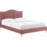 Juniper King Platform Bed in Channel Tufted Rose Velvet with Gold Metal Legs