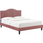 Juniper King Platform Bed in Channel Tufted Rose Velvet with Black Wood Legs