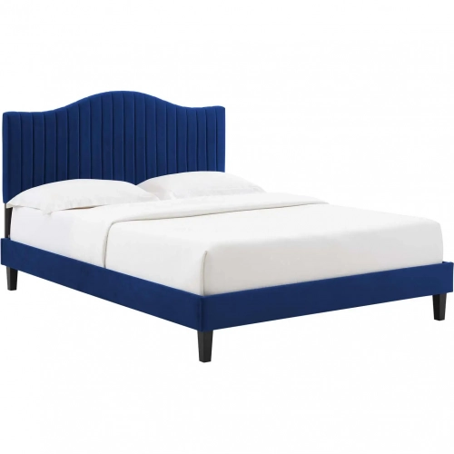 Juniper King Platform Bed in Channel Tufted Navy Blue Velvet with Black Wood Legs