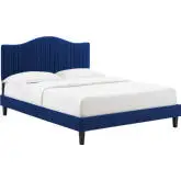 Juniper King Platform Bed in Channel Tufted Navy Blue Velvet with Black Wood Legs
