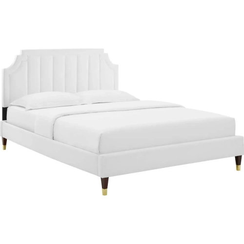 Sienna Full Platform Bed in Vertical Tufted White Velvet with Gold Capped Wood Legs