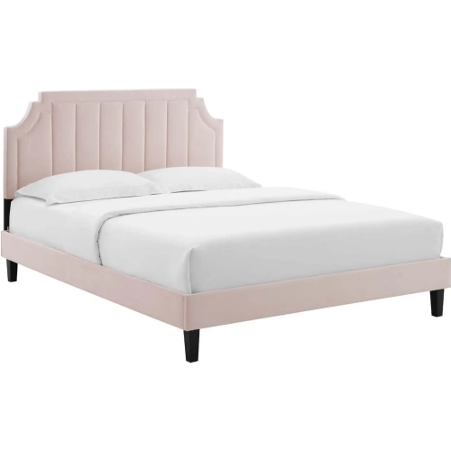 Sienna Full Platform Bed in Vertical Tufted Pink Velvet with Black Wood Legs