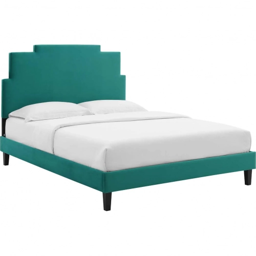 Lindsey Full Platform Bed in Teal Velvet with Black Wood Legs