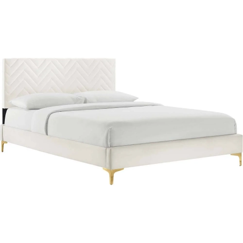 Leah Queen Platform Bed in Chevron Tufted White Velvet