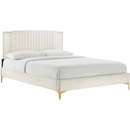 Zahra Queen Platform Bed in Channel Tufted White Velvet & Gold