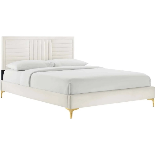 Sofia Queen Platform Bed in Channel Tufted White Velvet & Gold