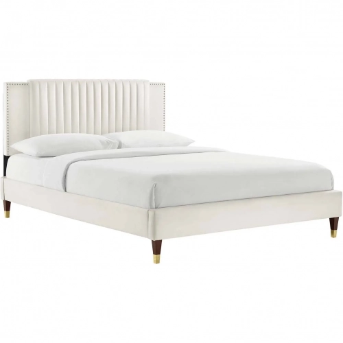 Zahra Full Platform Bed in Channel Tufted White Velvet & Wood