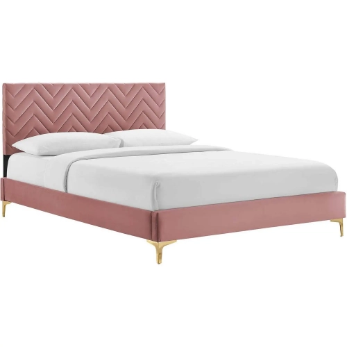 Leah King Platform Bed in Chevron Tufted Dusty Rose Velvet