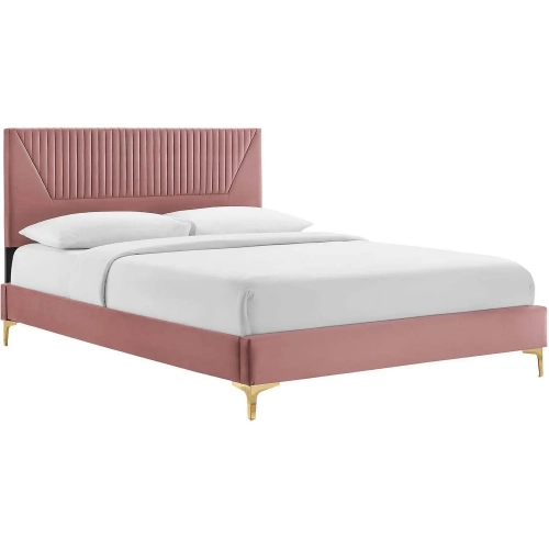 Yasmine King Platform Bed in Channel Tufted Dusty Rose Velvet & Gold