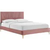 Yasmine King Platform Bed in Channel Tufted Dusty Rose Velvet & Gold