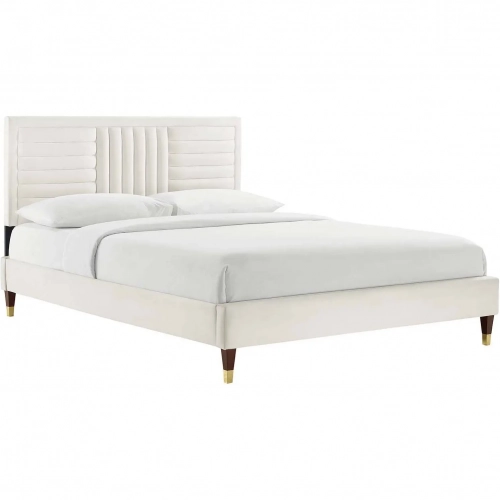 Sofia King Platform Bed in Channel Tufted White Velvet & Wood
