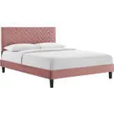 Leah King Platform Bed in Chevron Tufted Dusty Rose Velvet