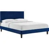 Yasmine King Platform Bed in Channel Tufted Navy Blue Velvet & Black