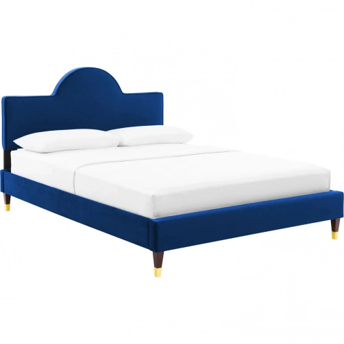 Aurora Full Bed in Navy Blue Velvet with Gold Capped Wood Legs
