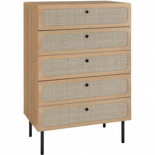 Chaucer 5 Drawer Chest in Oak Finish & Rattan