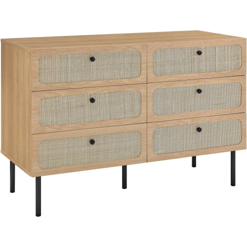 Chaucer 6 Drawer Dresser in Oak Finish & Rattan