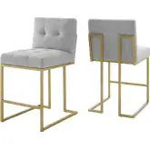 Privy Counter Stool in Tufted Light Gray Fabric & Gold Stainless Steel (Set of 2)