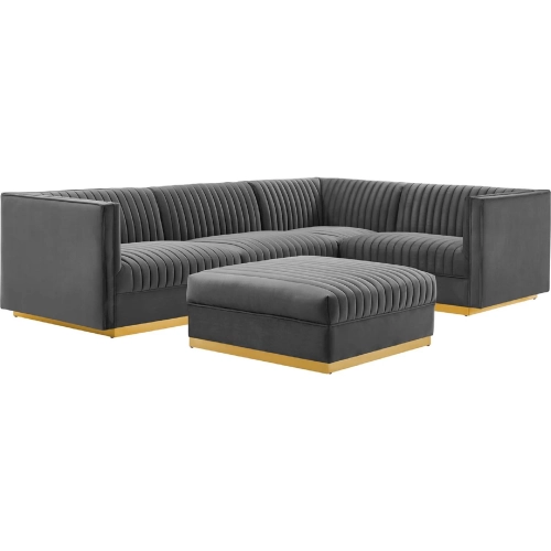 Sanguine 5 Pc Right Facing Modular Sectional Sofa in Gray Channel Tufted Velvet