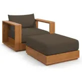 Tahoe 2 Piece Outdoor Arm Chair & Ottoman in Acacia Wood & Brown Fabric