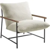 Raya Outdoor Sling Lounge Chair in Ivory Boucle Fabric, Faux Wood & Metal