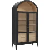 Nolan 74" Tall Wide Arched Cabinet in Black, Oak & Tempered Glass
