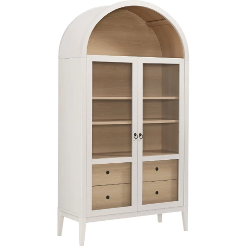 Nolan 74" Tall Wide Arched Cabinet in Ivory, Oak & Tempered Glass