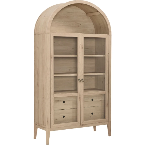Nolan 74" Tall Wide Arched Cabinet in Light Oak & Tempered Glass
