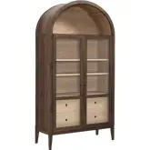 Nolan 74" Tall Wide Arched Cabinet in Walnut, Oak & Tempered Glass