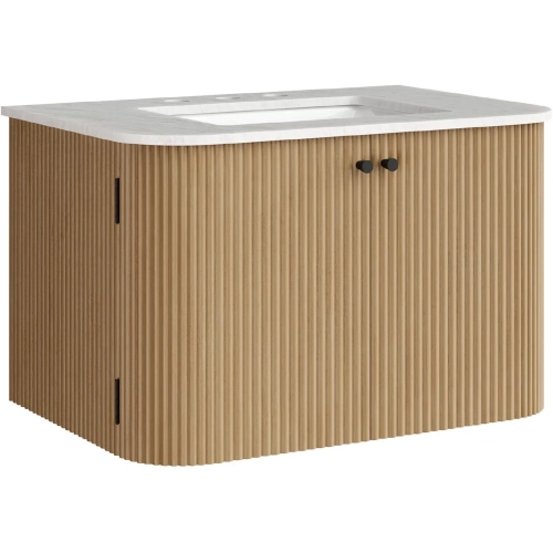 Zia 30" Wall Mount Bathroom Vanity in Natural Finish Wood & Marble Sink