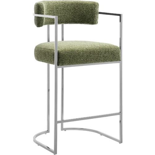 Huron Curved Back Counter Stool in Leaf Green Fabric & Silver Metal
