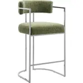 Huron Curved Back Counter Stool in Leaf Green Fabric & Silver Metal
