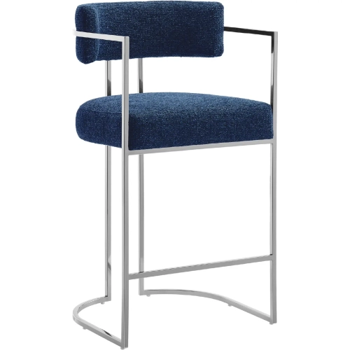 Huron Curved Back Counter Stool in Navy Blue Fabric & Silver Metal