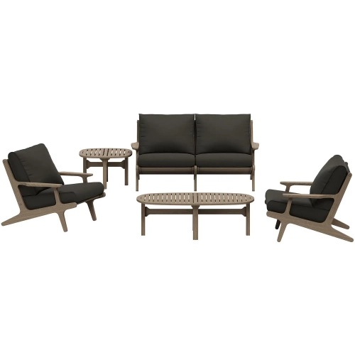 Saratoga 5 Piece Outdoor Loveseat Set in Teak & Gray Fabric