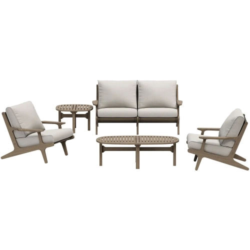 Saratoga 5 Piece Outdoor Loveseat Set in Teak & Brown Fabric