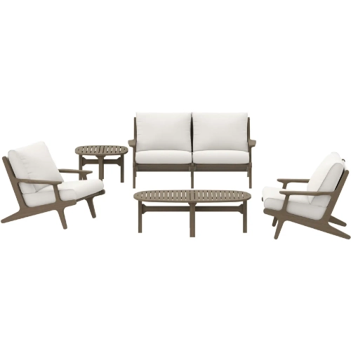 Saratoga 5 Piece Outdoor Loveseat Set in Weathered Gray Teak & White Fabric