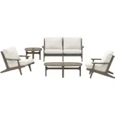 Saratoga 5 Piece Outdoor Loveseat Set in Weathered Gray Teak & White Fabric