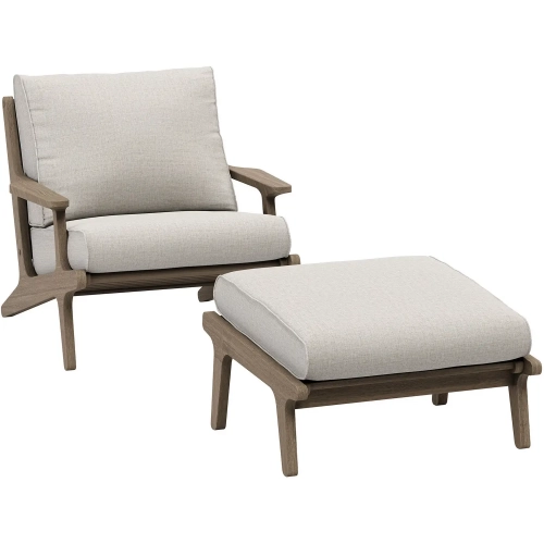 Saratoga Outdoor Arm Chair & Ottoman Set in Teak & Brown Fabric
