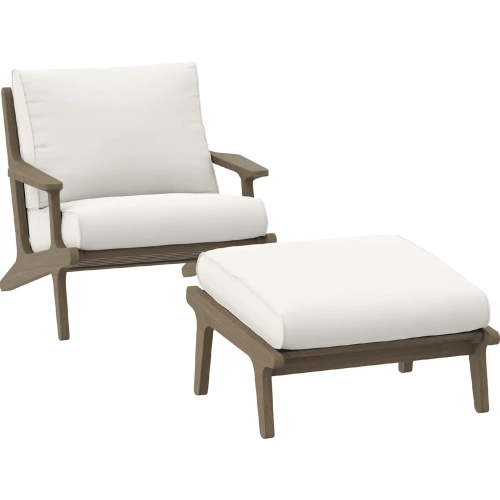 Saratoga Outdoor Accent Chair & Ottoman Set in Weathered Gray Teak & White Fabric