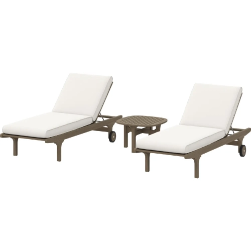 Saratoga Outdoor 3 Piece Chaise Lounge Set in Weathered Gray Teak & White Fabric