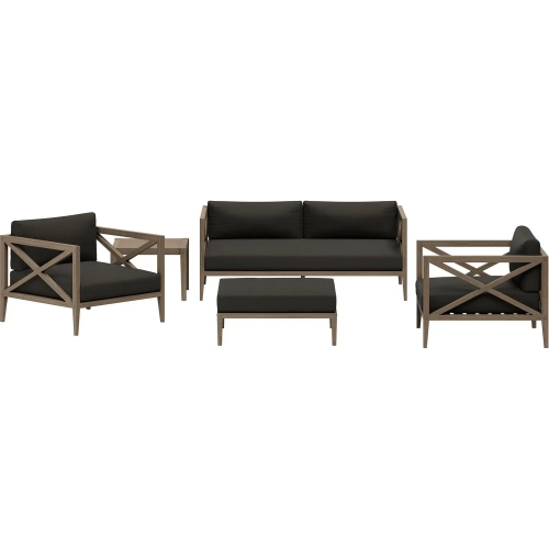 Northlake 5 Piece Outdoor Loveseat Set in Teak & Gray Fabric