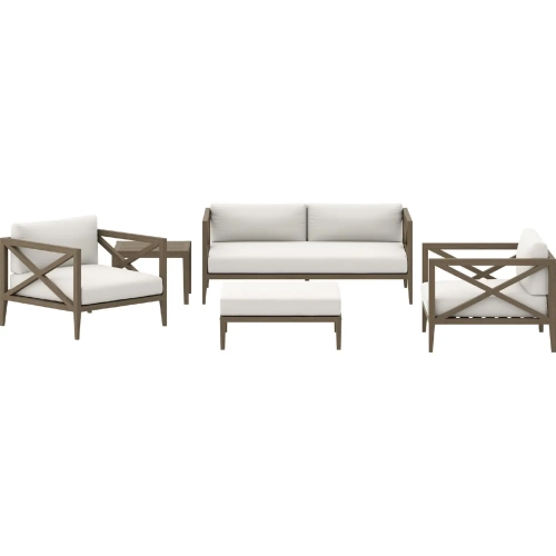 Northlake 5 Piece Outdoor Loveseat Set in Weathered Gray Teak & White Fabric